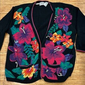 Jantzen Vintage Boho 80’s Black Cardigan Floral Design Oversized